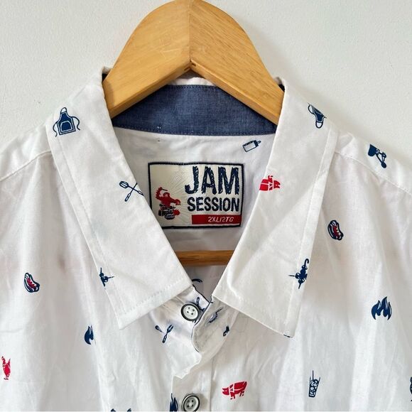 Jam Session White BBQ Themed Pattern Short Sleeve Button Down Shirt - Picture 4 of 7